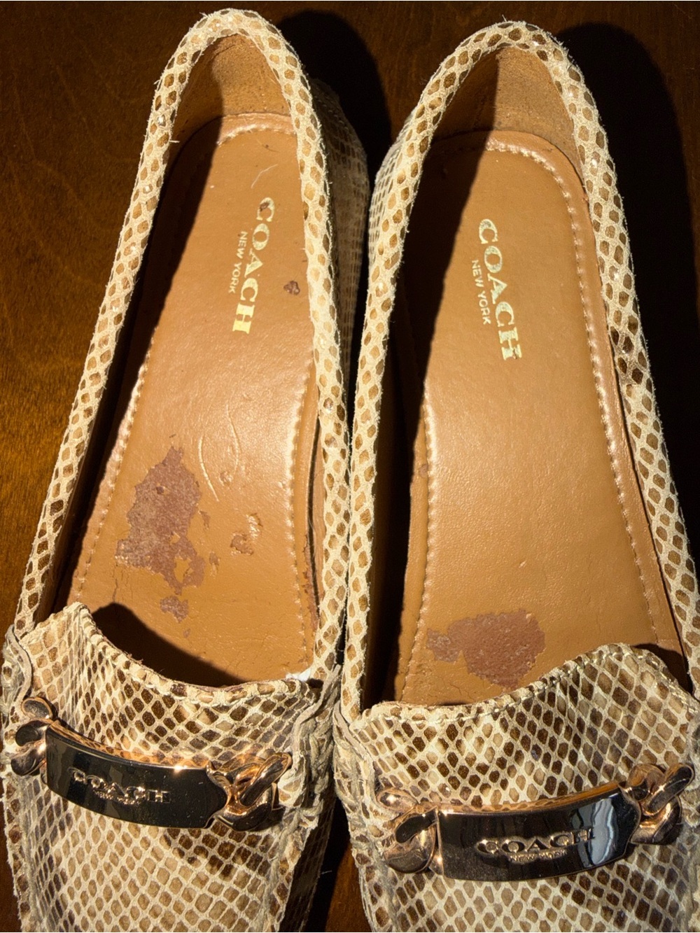 Coach Women’s Snakeskin-Print Loafers in Beige and Brown with Gold Hardware - Picture 3 of 5